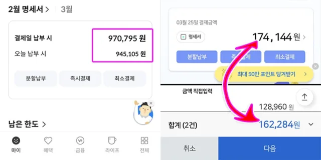 신용카드 즉시결제 할부 결제 전액 또는 일부금액 선결제하는 방법